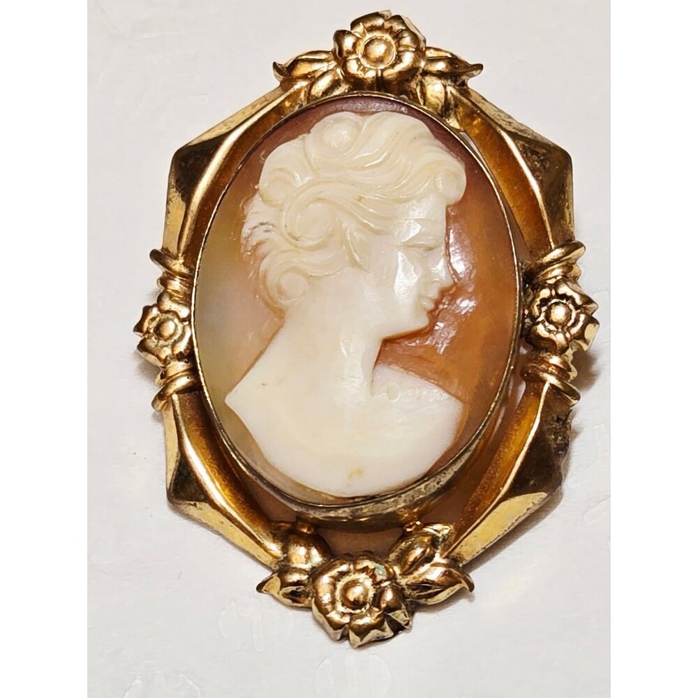 Vintage 1/20 Gold Filled Carved Shell Lady CAMEO Right Facing Pendant Brooch